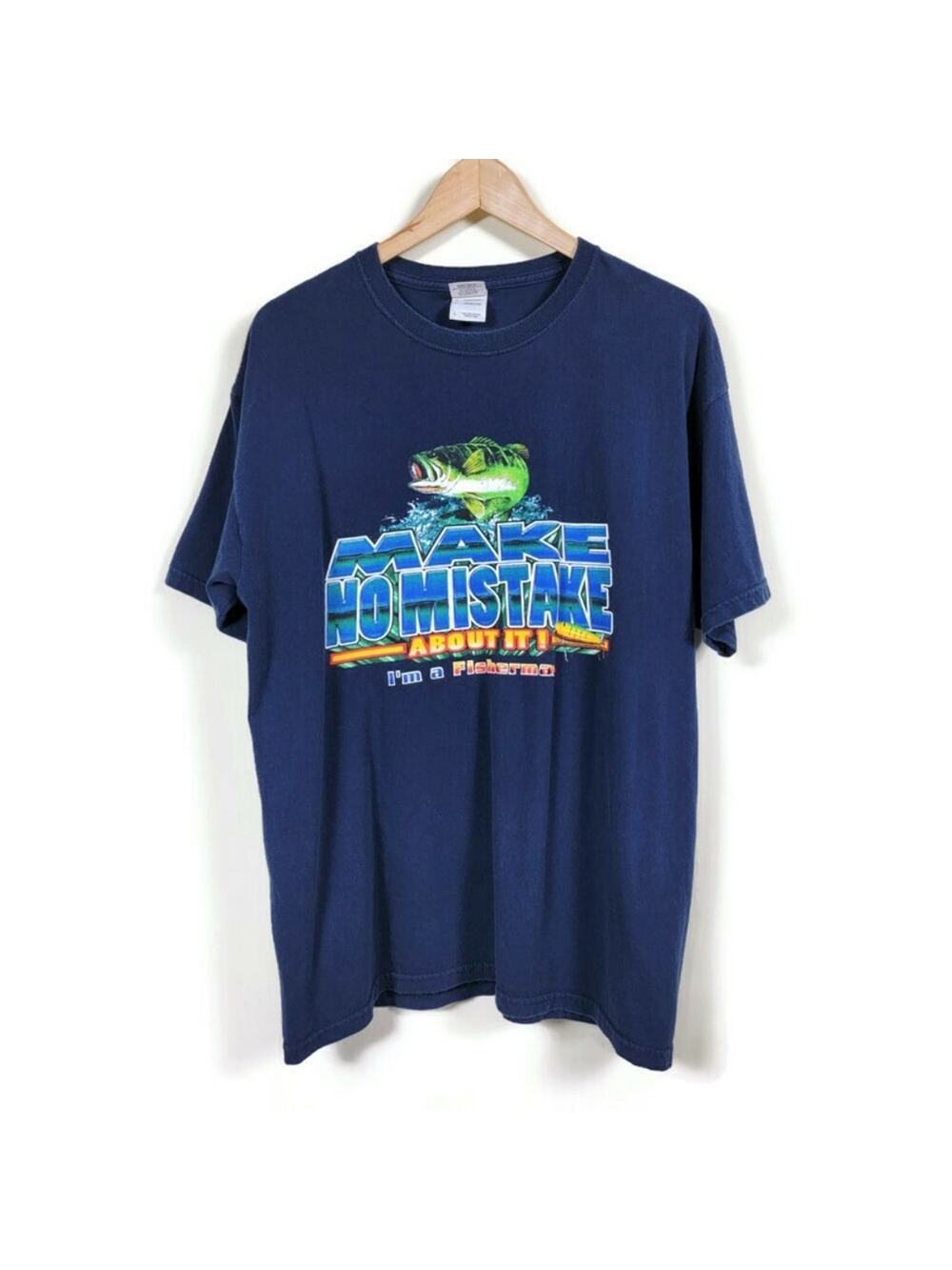 Gildan Cotton Graphic T Shirt Mens Size L Navy Blue Fisherman Make No Mistake